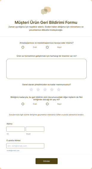 Müşteri Ürün Geri Bildirimi Form Template