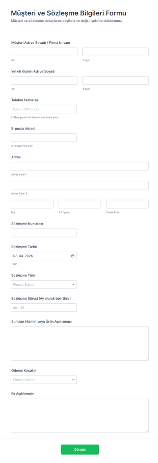 Müşteri Ve Sözleşme Bilgileri Form Şablonu