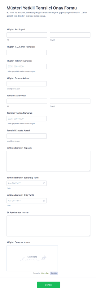 Müşteri Yetkili Temsilci Onay Form Şablonu