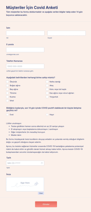 Müşteriler İçin Covid Anketi Form Şablonu