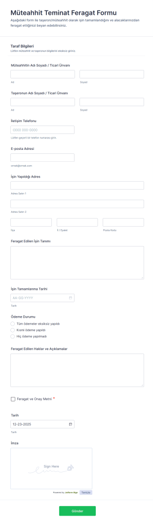 Müteahhit Teminat Feragat Form Template