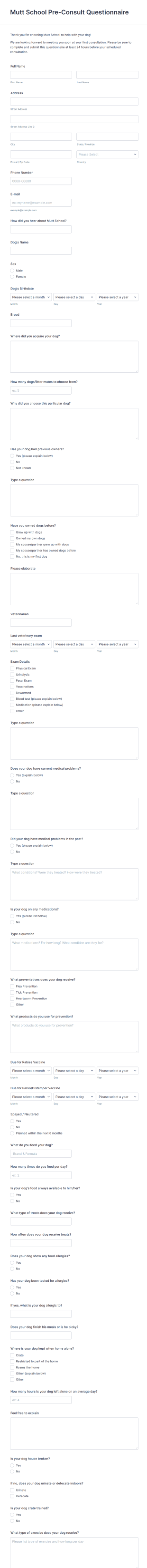 Dog School Pre Consult Questionnaire Template Form Template
