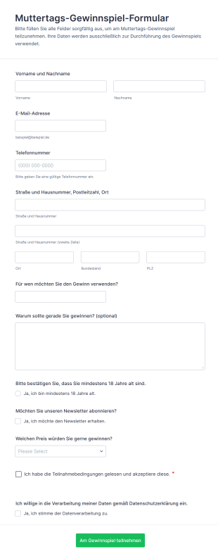 Muttertags Gewinnspiel Formular