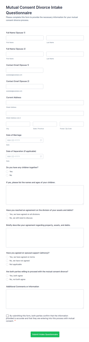 Mutual Consent Divorce Intake Questionnaire Form Template