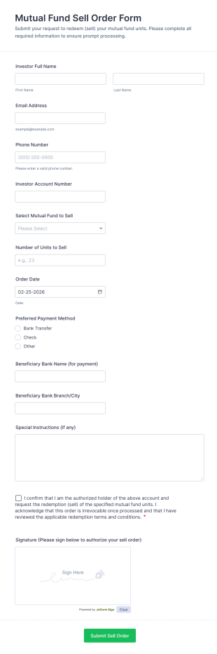 Mutual Fund Sell Order Form Template