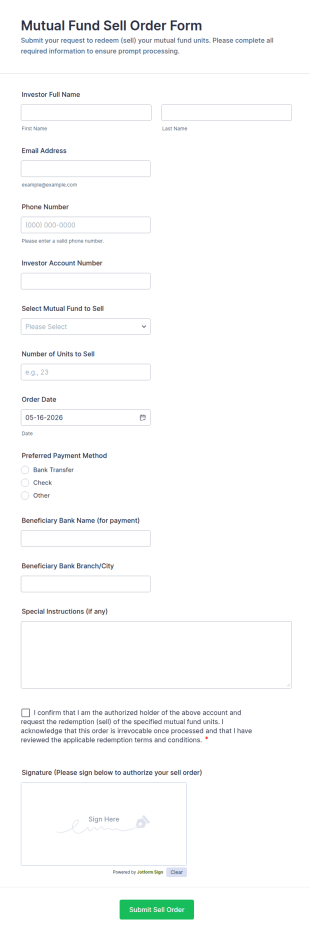 Mutual Fund Sell Order Form Template