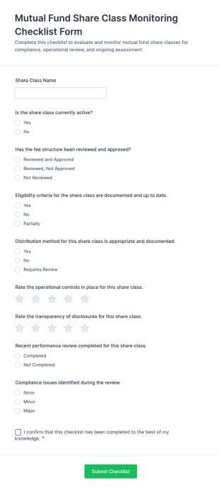 Mutual Fund Share Class Monitoring Checklist Form Template