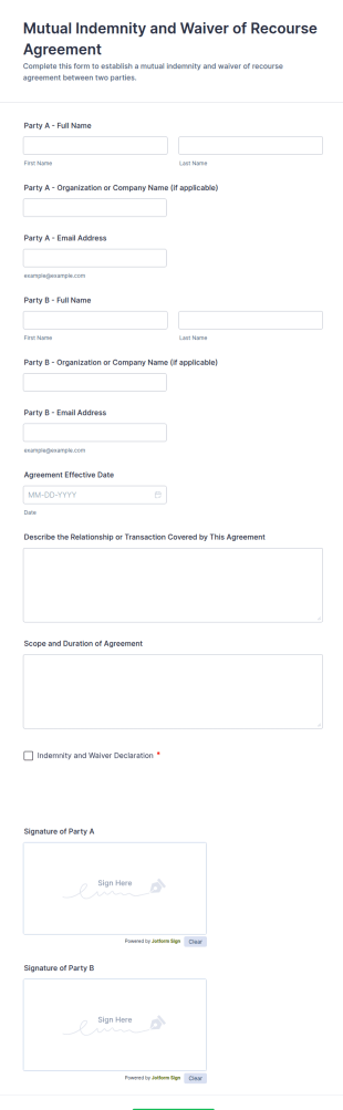 Mutual Indemnity And Waiver Of Recourse Agreement Form Template