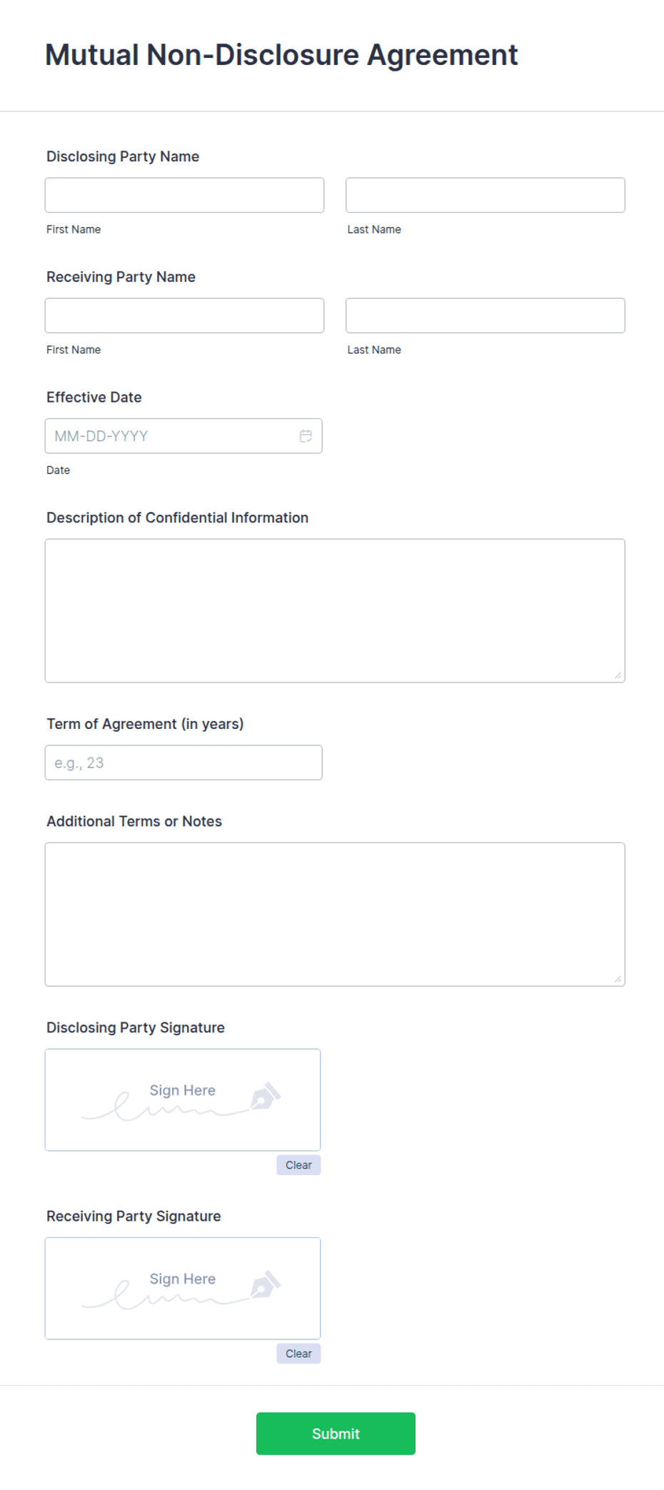 Mutual NonDisclosure Agreement Form Template Jotform