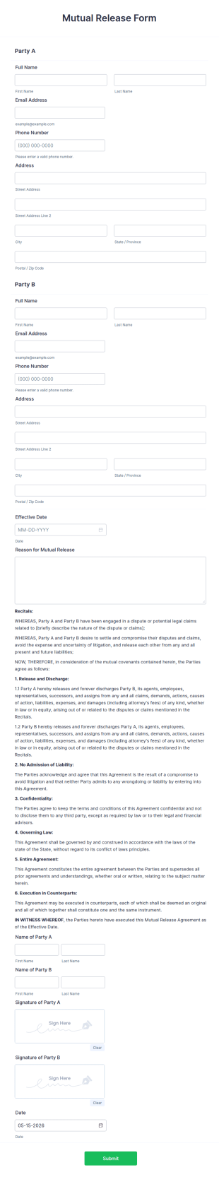 Mutual Release Form Template