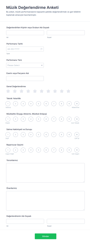 Müzik Değerlendirme Anketi Form Şablonu
