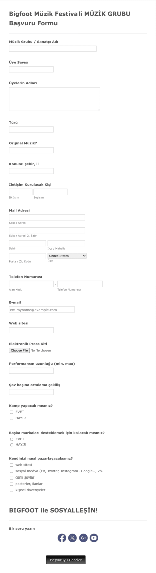 Müzik Grubu Başvuru Form Şablonu
