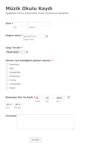Müzik Okulu Kayıt Form Şablonu