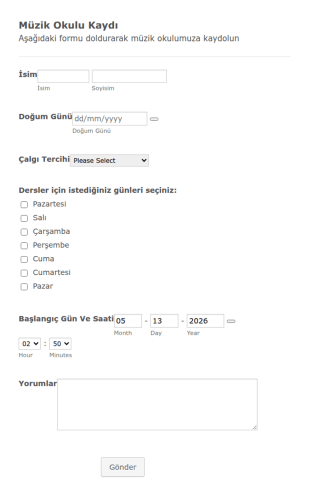 Müzik Okulu Kayıt Form Şablonu