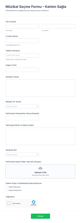 Müzikal Seçme Formu – Katılım Sağla Form Şablonu