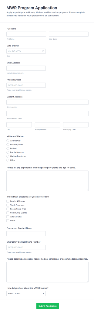 MWR Program Application Form Template