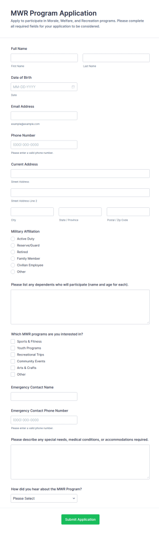 MWR Program Application Form Template