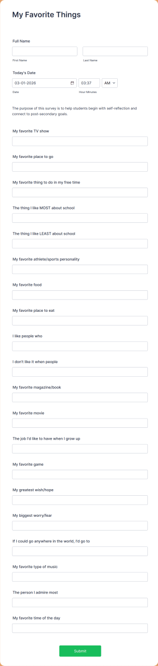 My Favorite Things Questionnaire Form Template