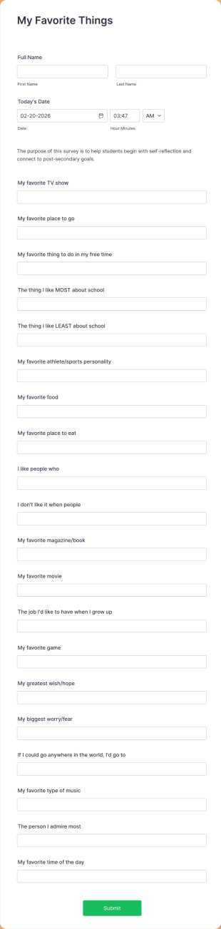 My Favorite Things Questionnaire Form Template