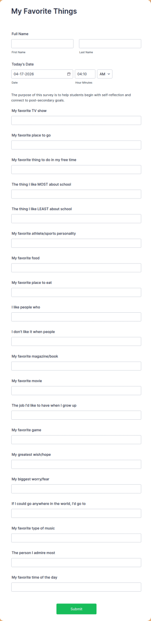 My Favorite Things Questionnaire Form Template