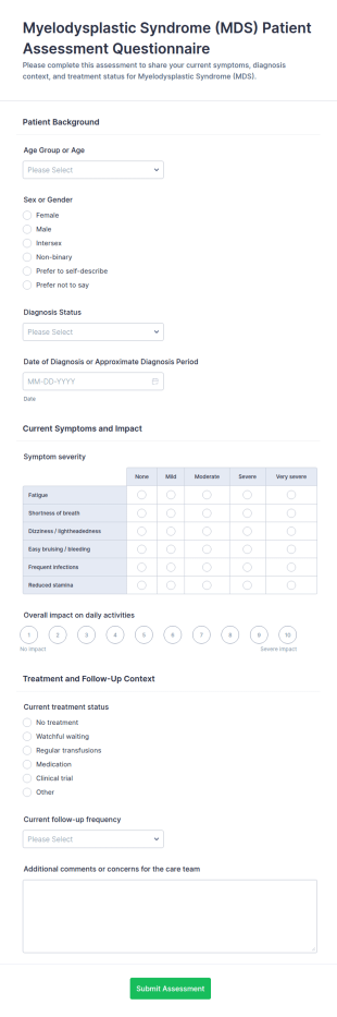 Myelodysplastic Syndrome (MDS) Patient Assessment Form Template