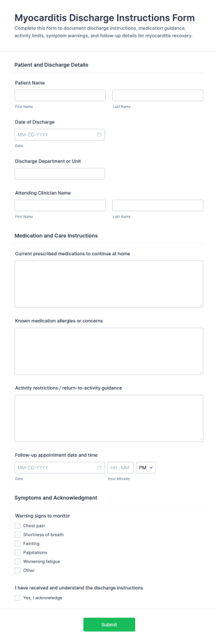 Myocarditis Discharge Instructions Form Template