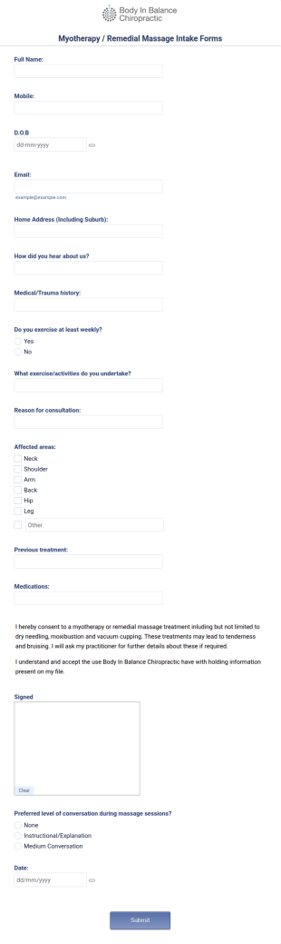 Myotherapy Or Remedial Massage Intake Form Template