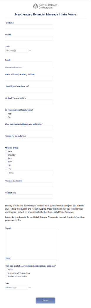 Myotherapy Or Remedial Massage Intake Form Template