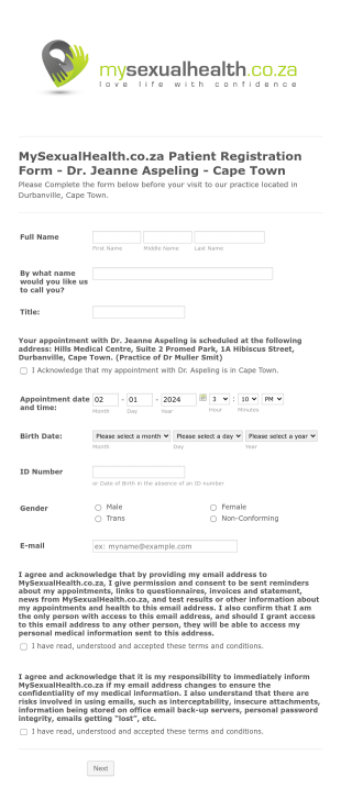 Patient Registration Form Dr. Jeanne Aspeling (CPT) Form Template