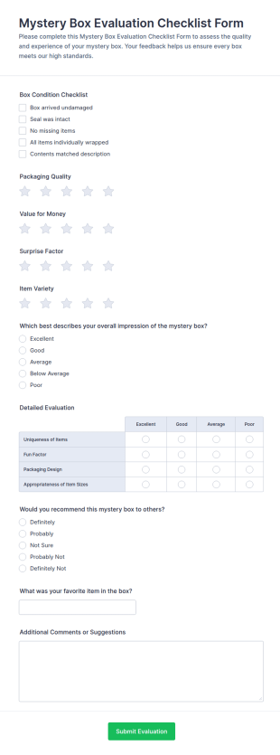 Mystery Box Evaluation Checklist Form Template