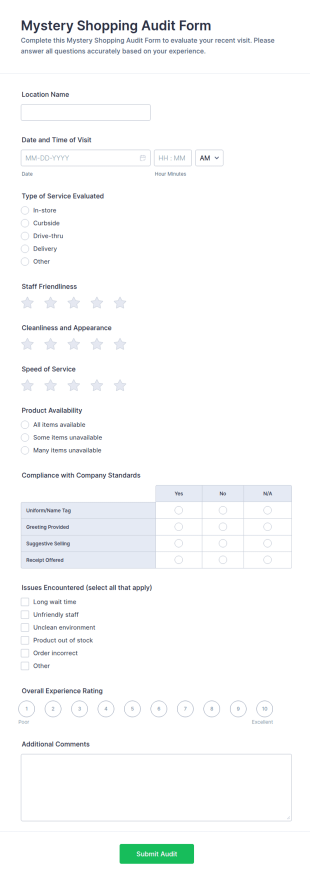 Mystery Shopping Audit Form Template
