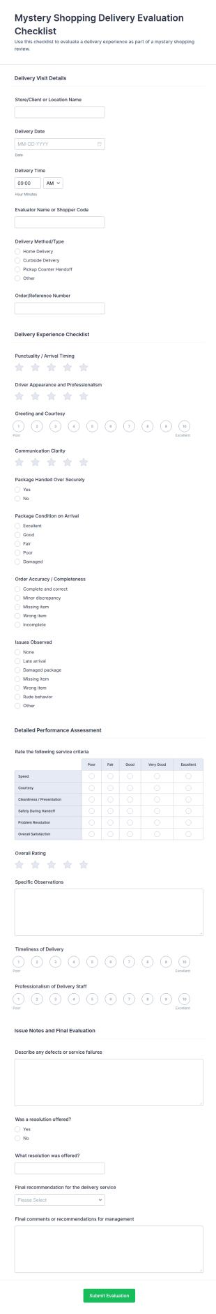 Mystery Shopping Delivery Evaluation Checklist Form Template