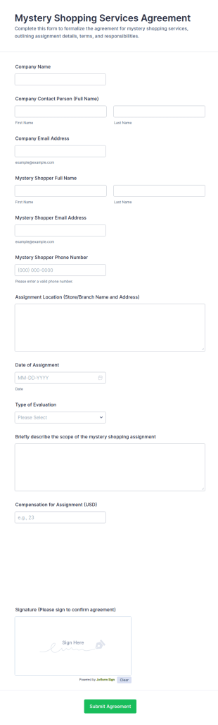 Mystery Shopping Services Agreement Form Template