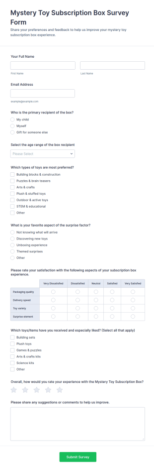 Mystery Toy Subscription Box Survey Form Template