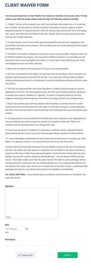 Mystic Client Waiver Form Template