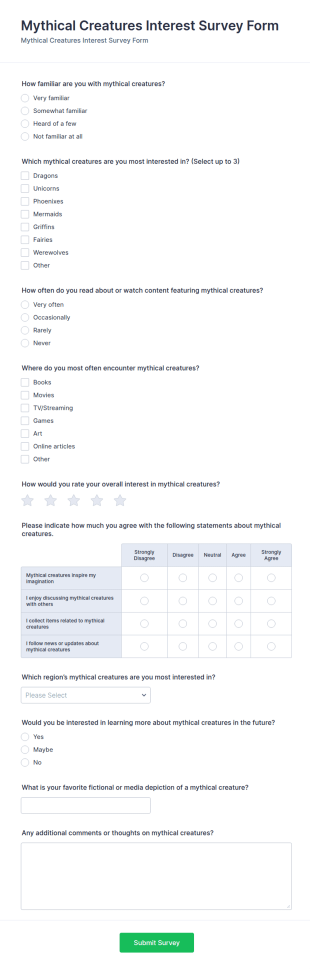 Mythical Creatures Interest Survey Form Template