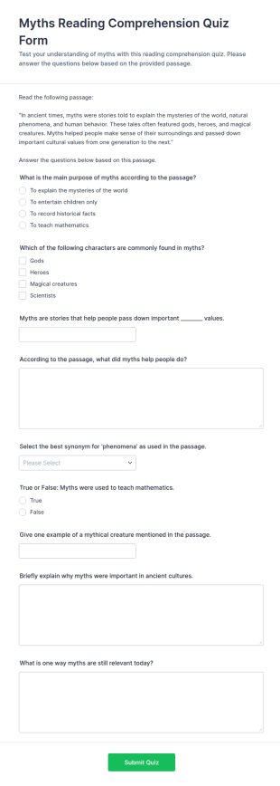 Myths Reading Comprehension Quiz Form Template