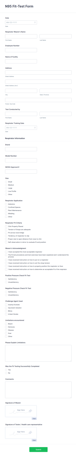 N95 Fit Test Form Template
