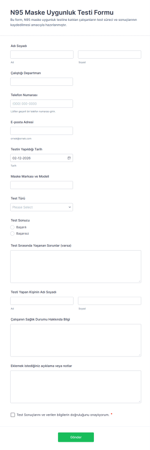 N95 Maske Uygunluk Testi Form Şablonu