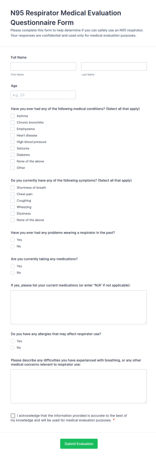N95 Respirator Medical Evaluation Form Template