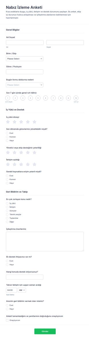 Nabız İzleme Anketi Form Şablonu