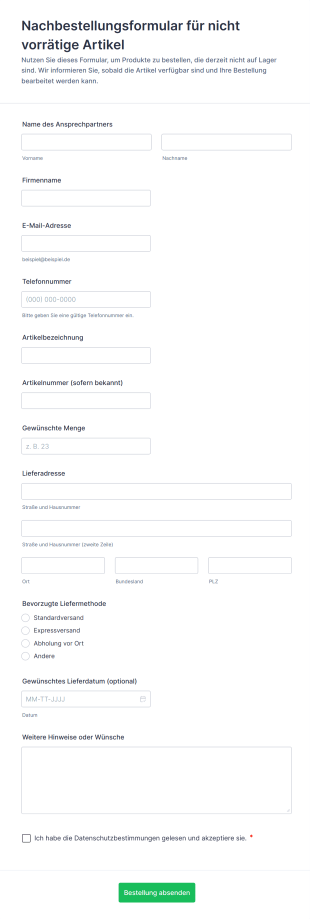 Nachbestellungsformular Für Nicht Vorrätige Artikel