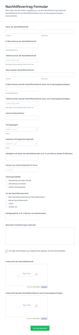 Nachhilfevertrag Formular