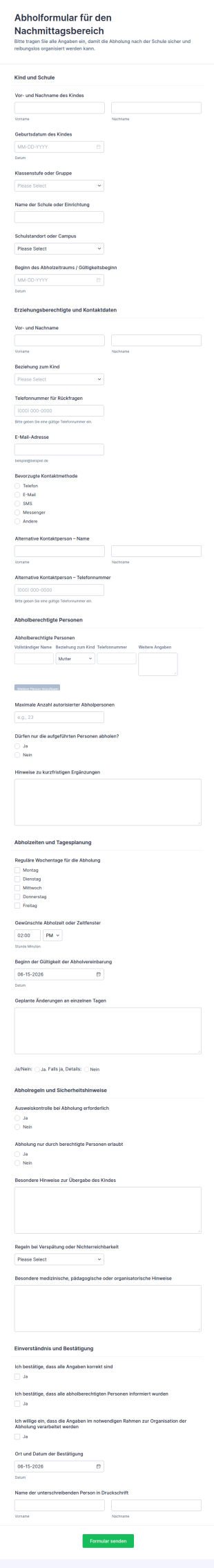 Abholformular Nach Dem Unterricht