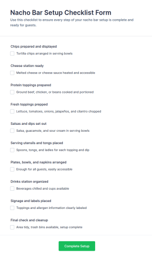 Nacho Bar Setup Checklist Form Template