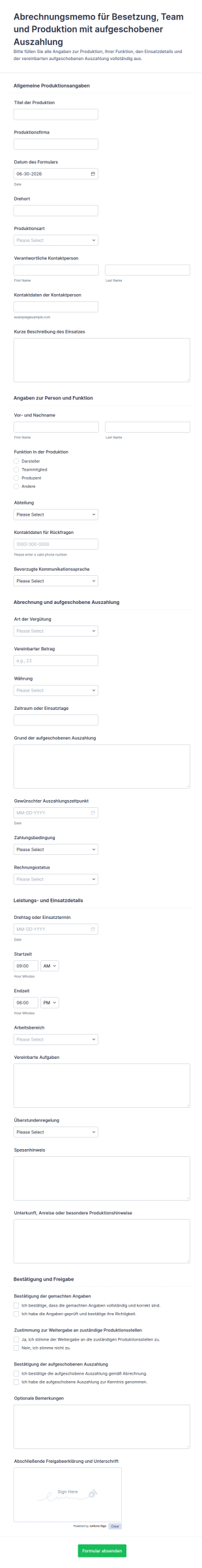 Nachträgliche Vereinbarung Für Darsteller , Crew Und Produzentenleistungen Form