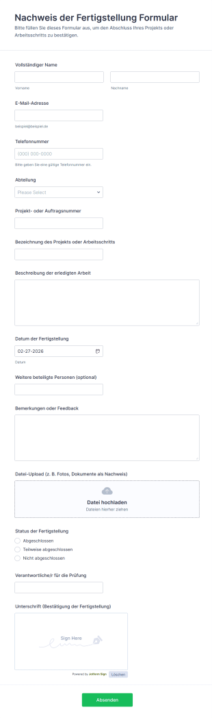 Nachweis Der Fertigstellung Formular