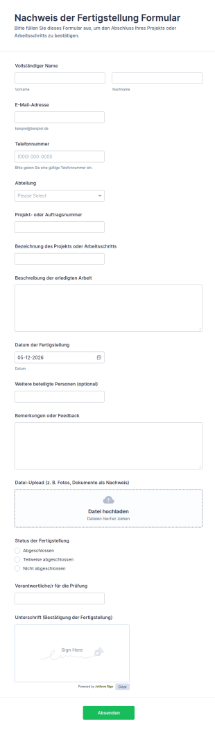 Nachweis Der Fertigstellung Formular