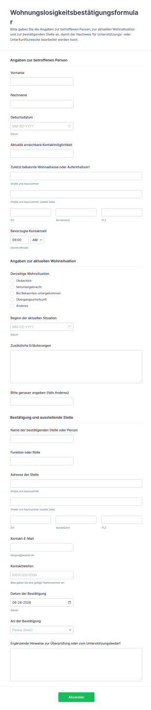 Nachweis Der Wohnungslosigkeit Formular