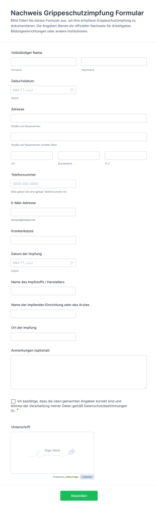 Nachweis Grippeschutzimpfung Formular